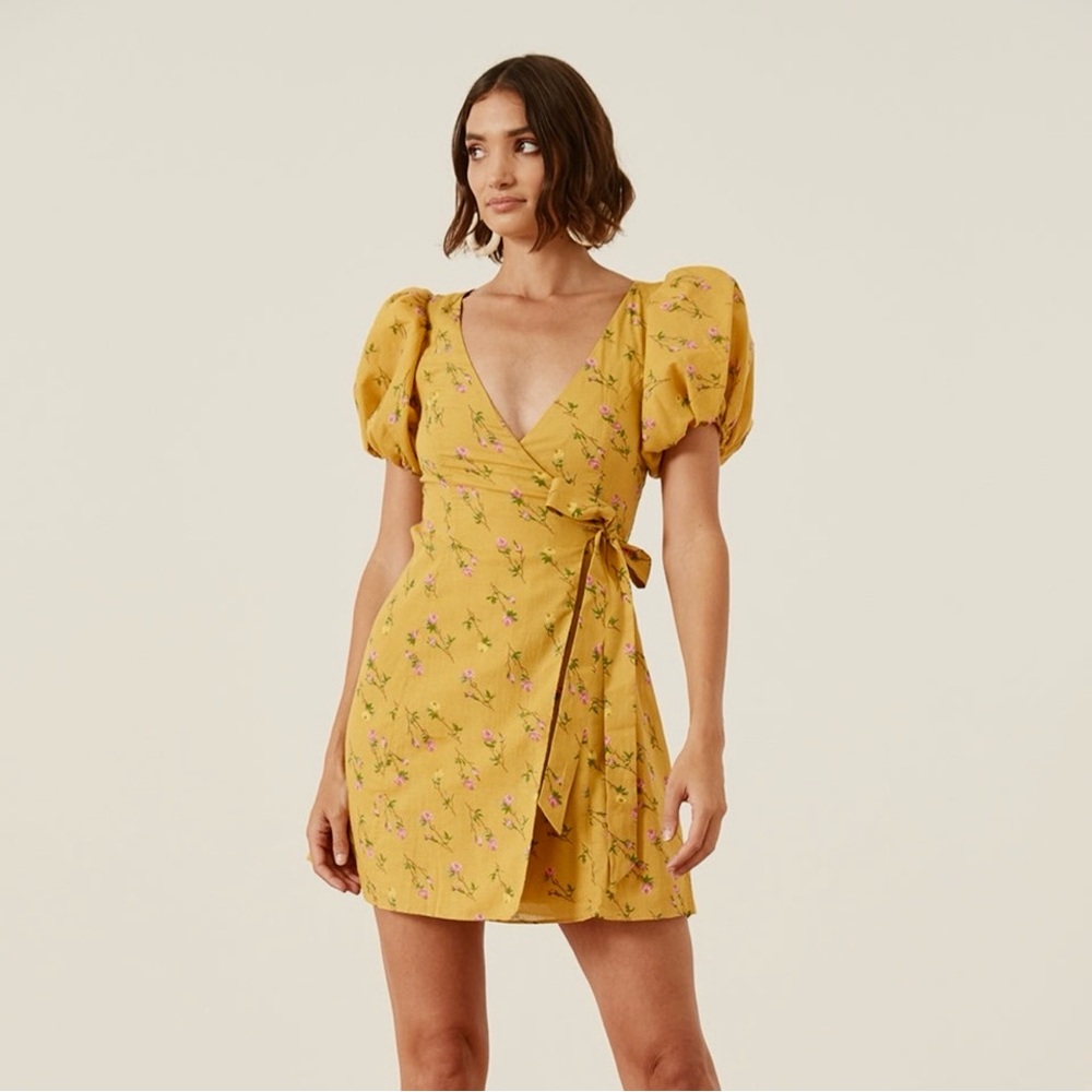 LPA Revolve Heidi Wrap Puff-Sleeve Yellow Floral Mini Dress